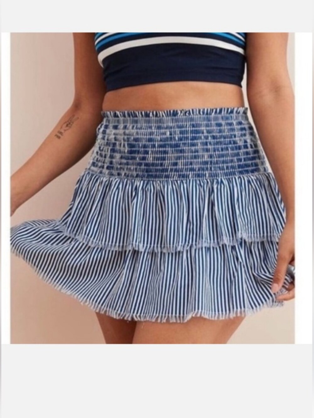 Aerie Tiered Blue & White Mini Skirt Size XL flounce festival